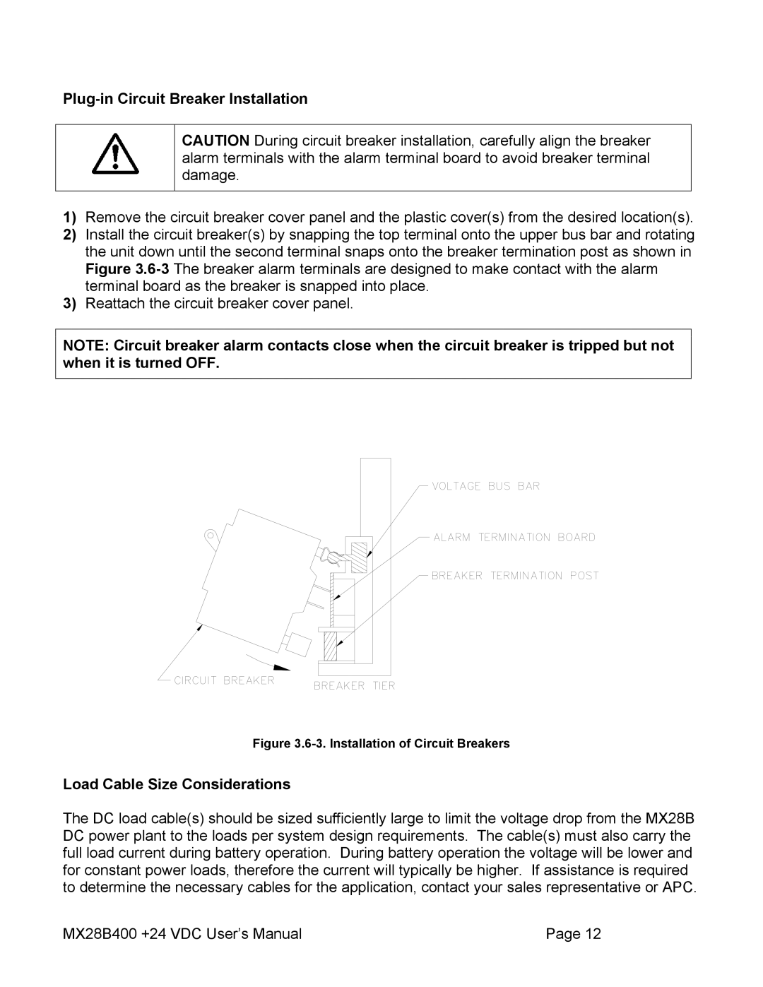 American Power Conversion MX28B400 user manual Plug-in Circuit Breaker Installation, Load Cable Size Considerations 