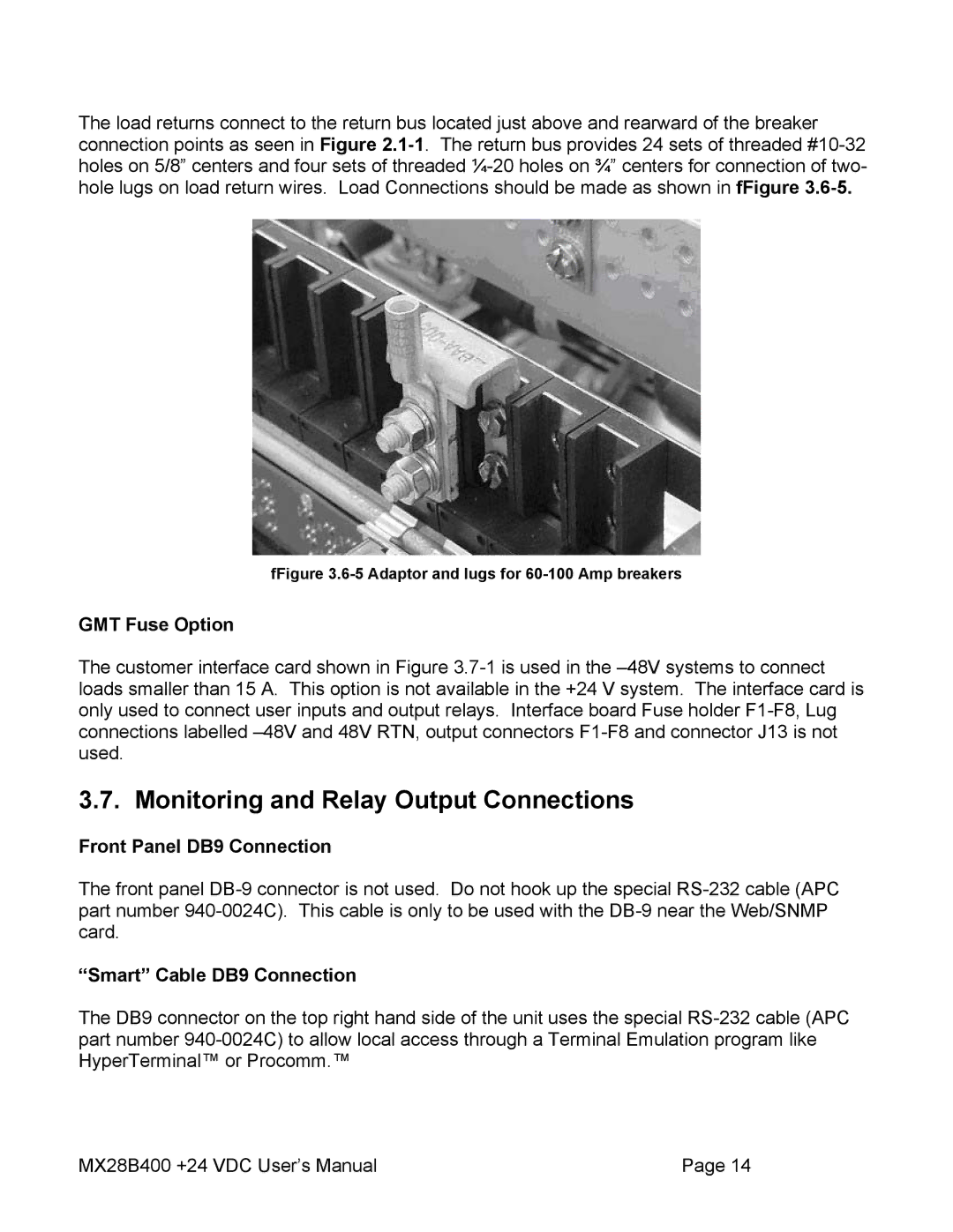 American Power Conversion MX28B400 Monitoring and Relay Output Connections, GMT Fuse Option, Front Panel DB9 Connection 