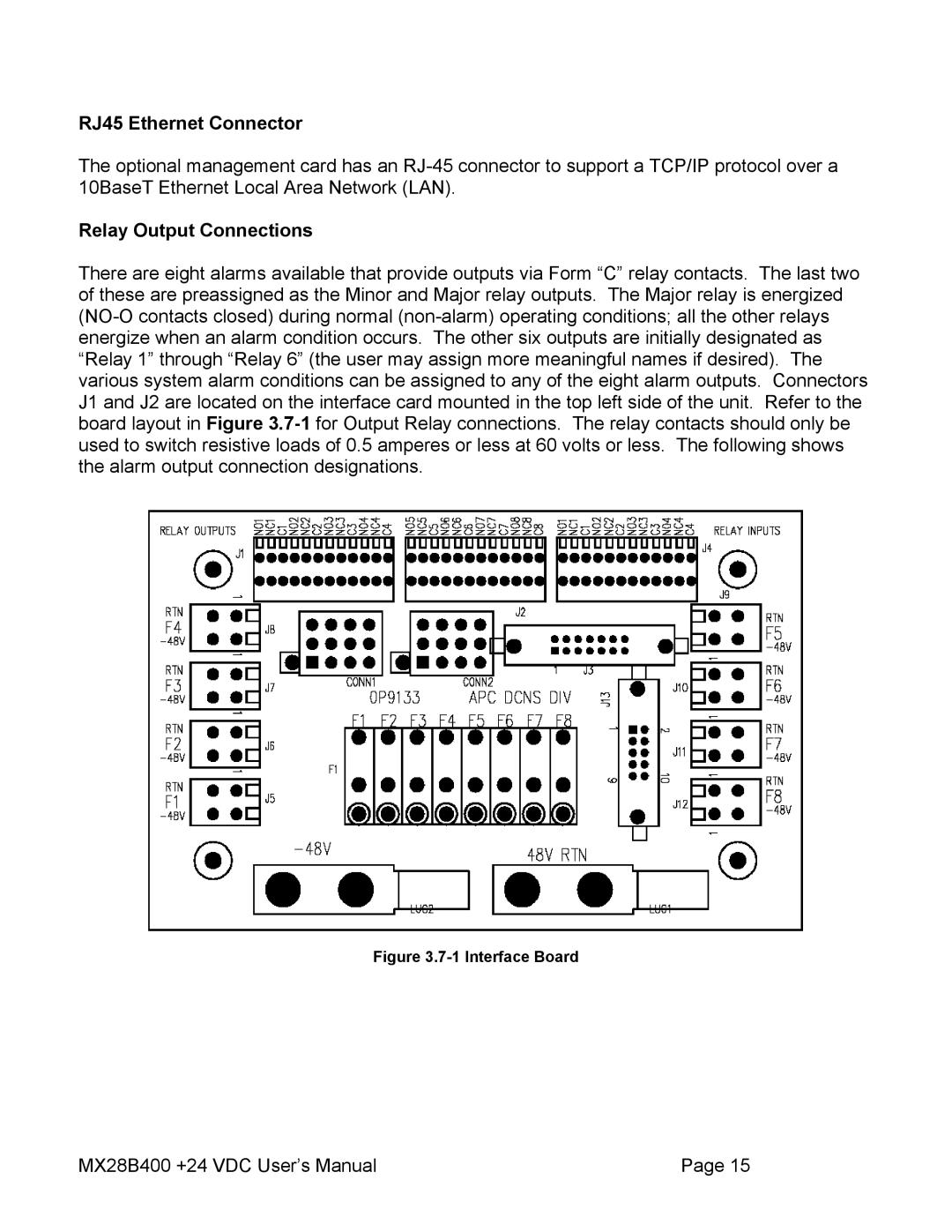 American Power Conversion MX28B400 user manual RJ45 Ethernet Connector, Relay Output Connections 