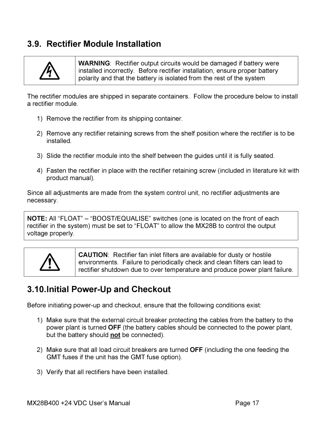 American Power Conversion MX28B400 user manual Rectifier Module Installation, Initial Power-Up and Checkout 