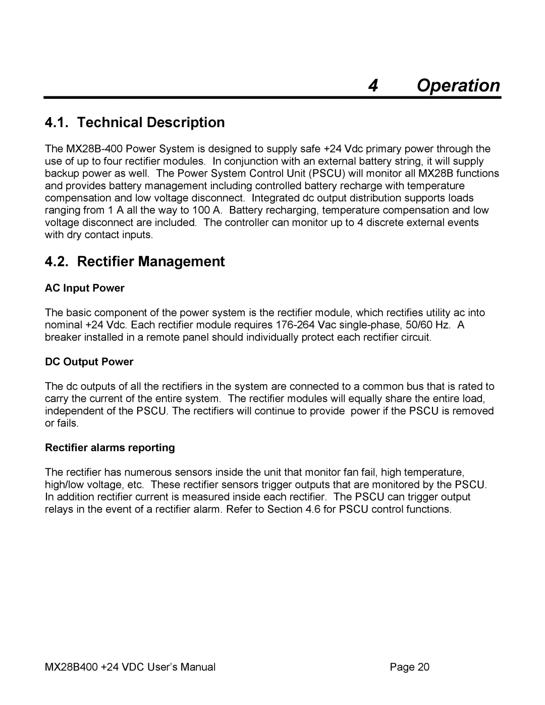 American Power Conversion MX28B400 user manual Operation, Technical Description, Rectifier Management 