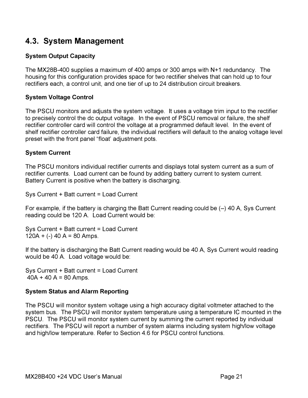 American Power Conversion MX28B400 System Management, System Output Capacity, System Voltage Control, System Current 
