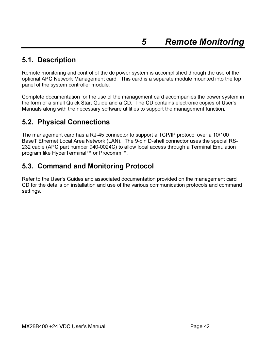 American Power Conversion MX28B400 Remote Monitoring, Description, Physical Connections, Command and Monitoring Protocol 