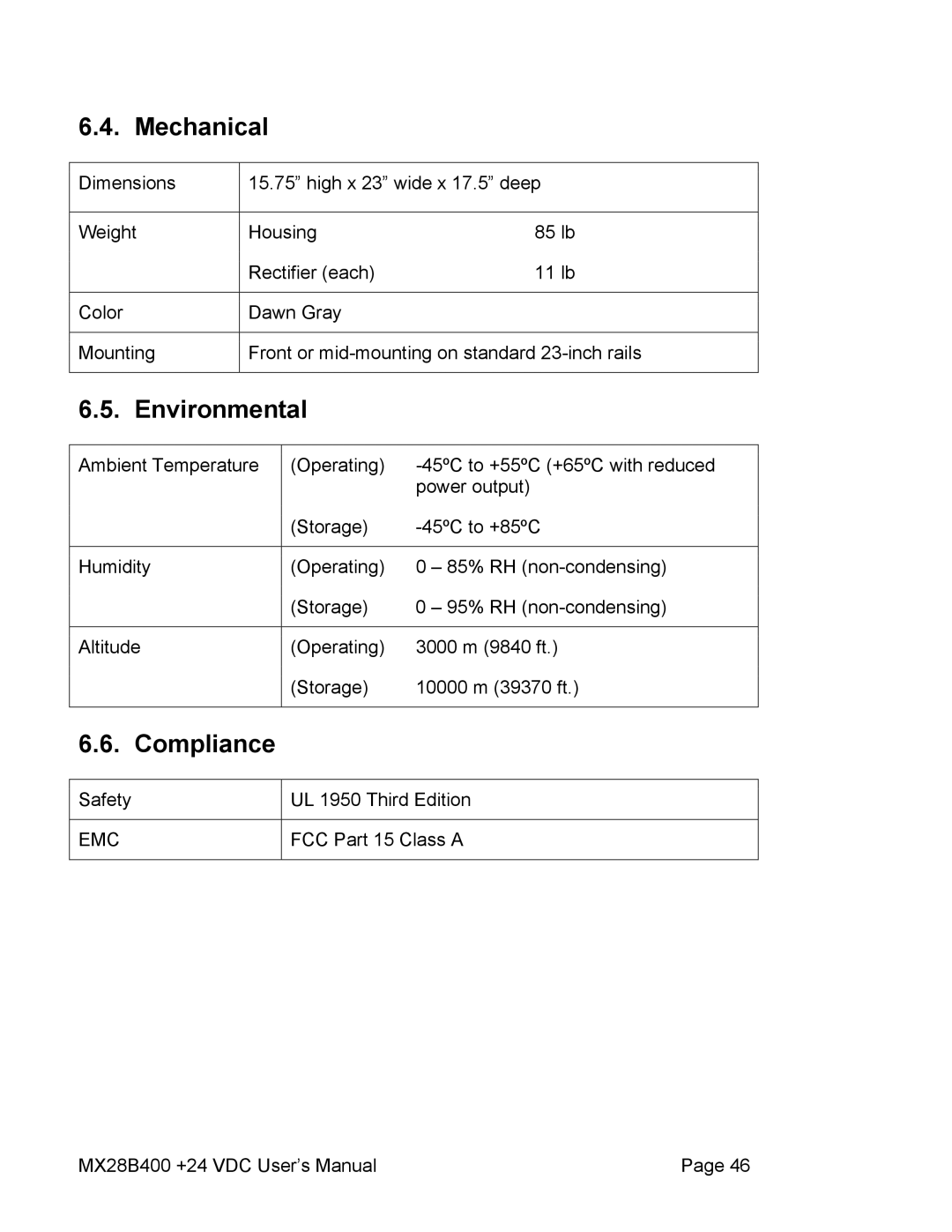 American Power Conversion MX28B400 user manual Mechanical, Environmental, Compliance 