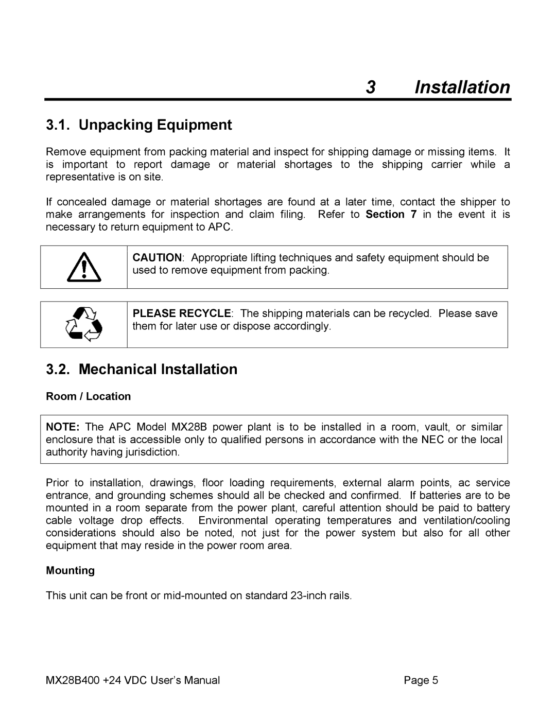 American Power Conversion MX28B400 user manual Unpacking Equipment, Mechanical Installation, Room / Location, Mounting 