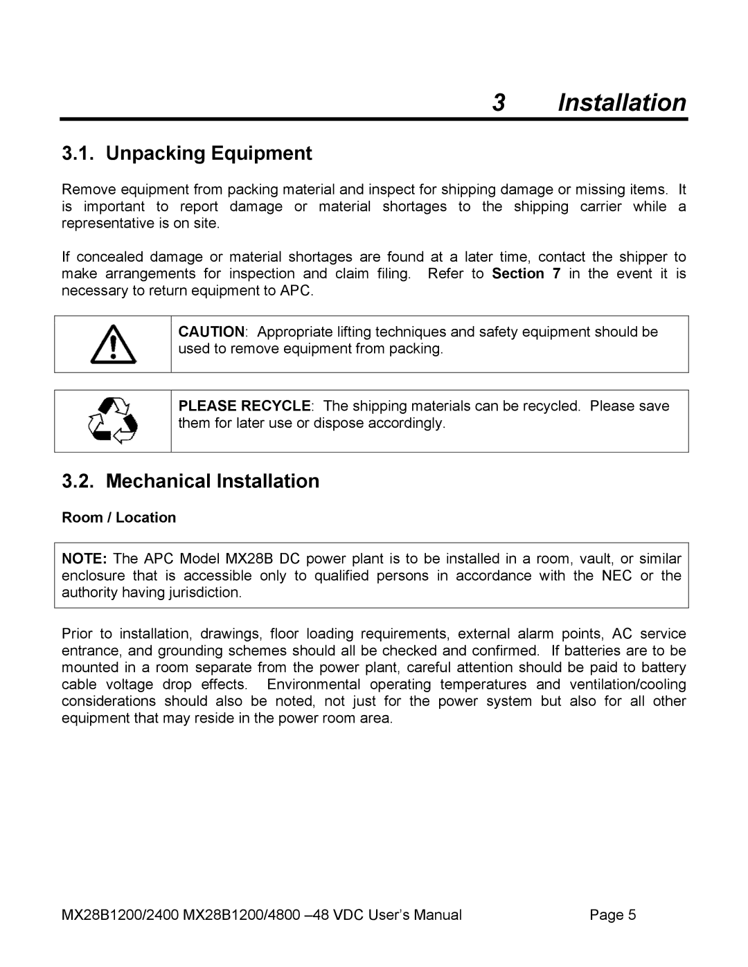 American Power Conversion MX28B4800, MX28B2400 manual Unpacking Equipment, Mechanical Installation, Room / Location 