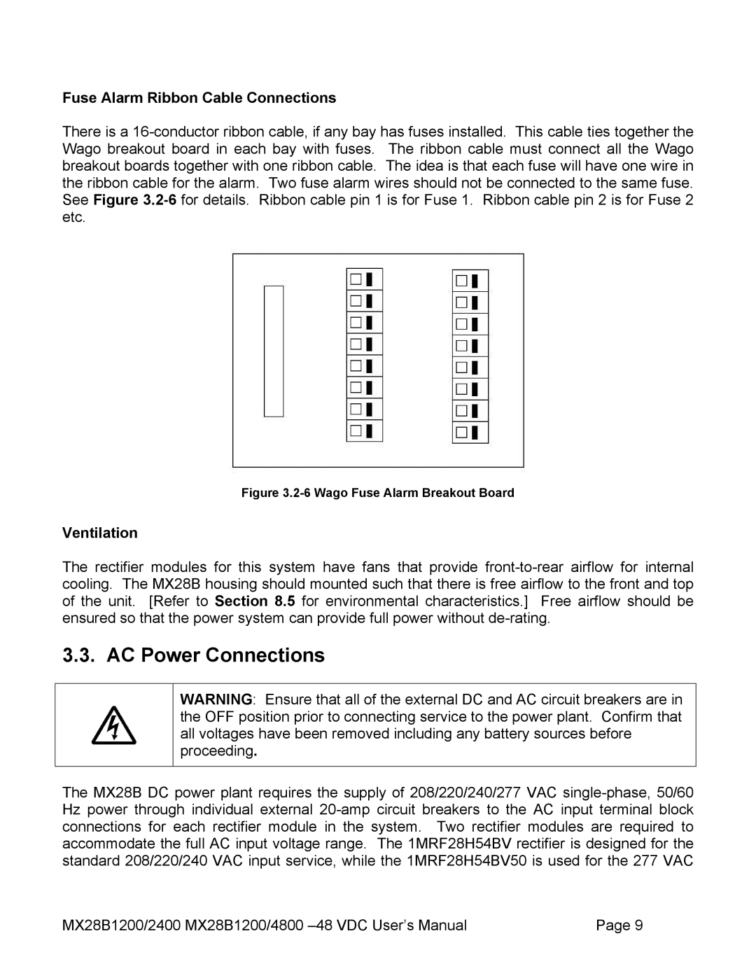 American Power Conversion MX28B4800, MX28B2400 manual AC Power Connections, Fuse Alarm Ribbon Cable Connections, Ventilation 