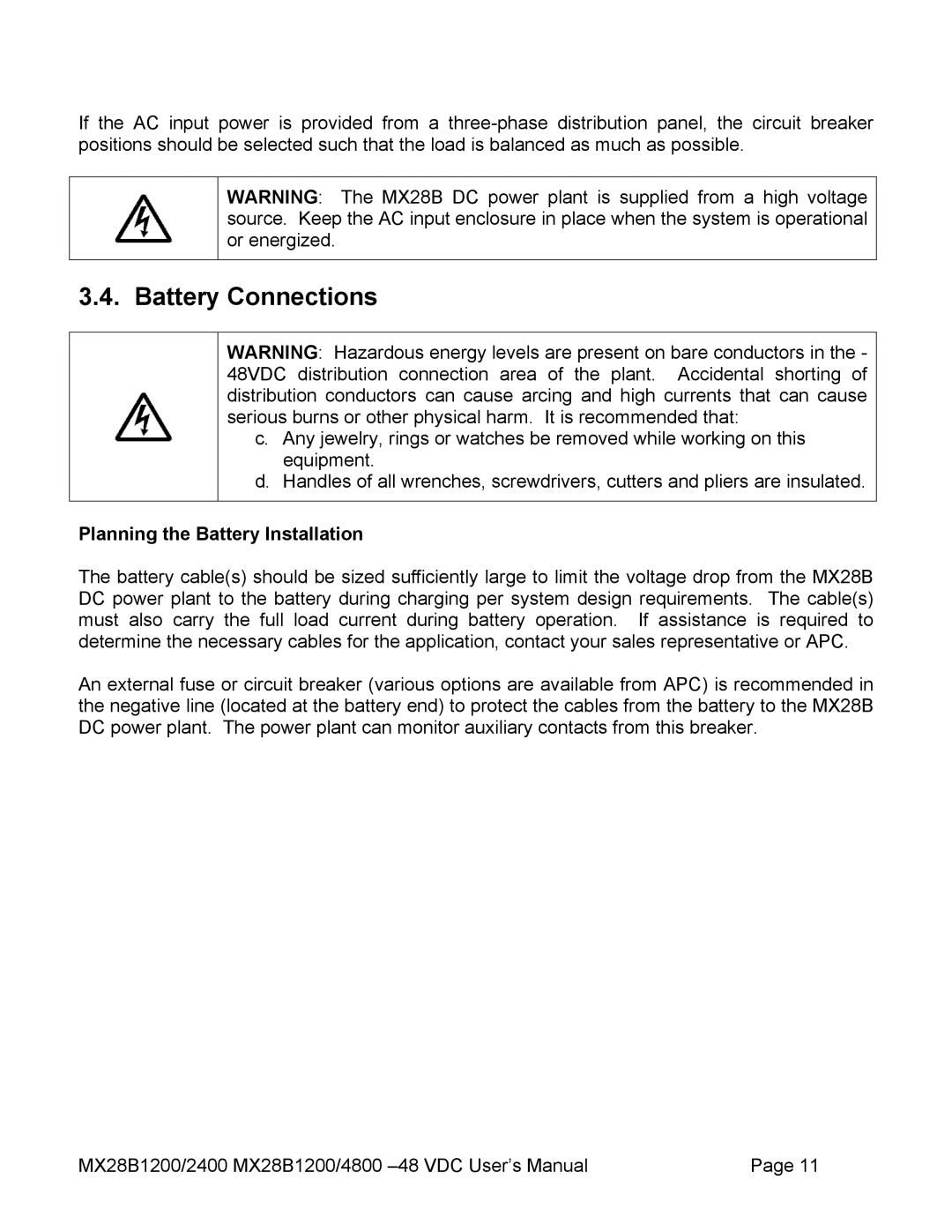 American Power Conversion MX28B4800, MX28B2400 manual Battery Connections, Planning the Battery Installation 