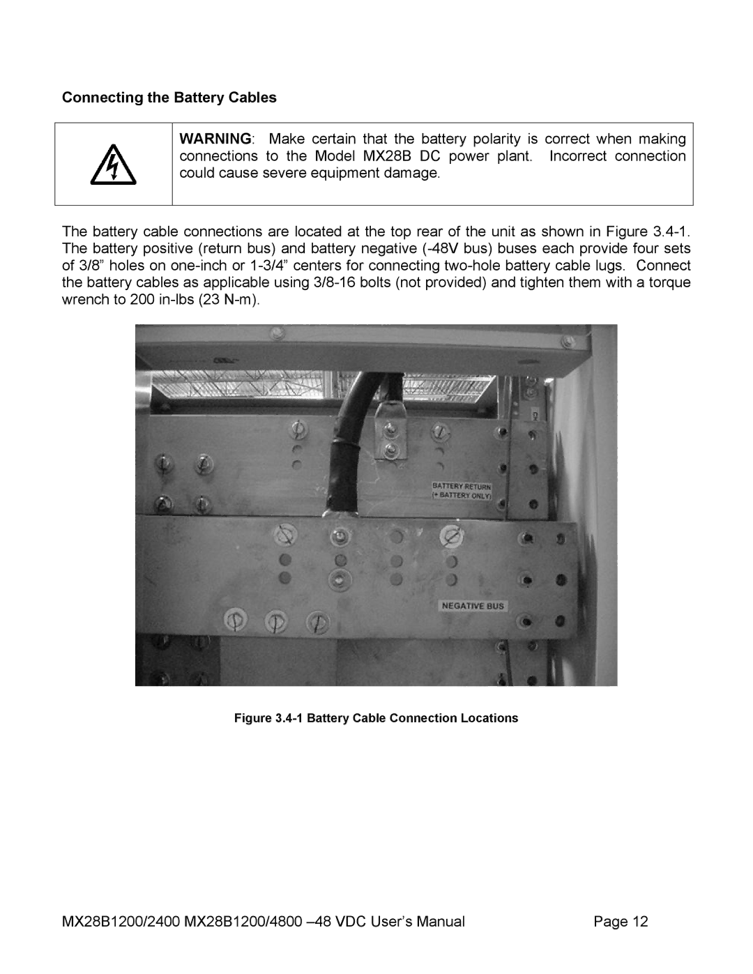 American Power Conversion MX28B2400, MX28B4800 manual Connecting the Battery Cables, Battery Cable Connection Locations 