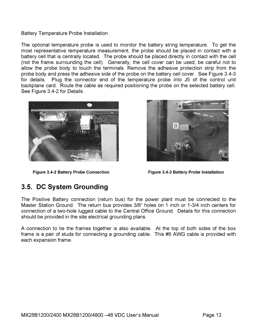 American Power Conversion MX28B4800, MX28B2400 manual DC System Grounding, Battery Probe Connection 