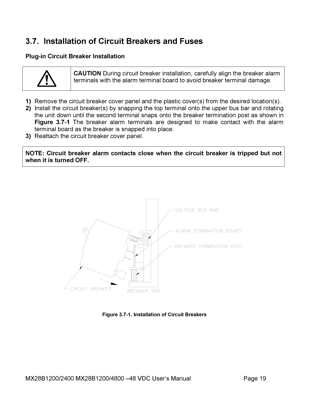 American Power Conversion MX28B4800 manual Installation of Circuit Breakers and Fuses, Plug-in Circuit Breaker Installation 