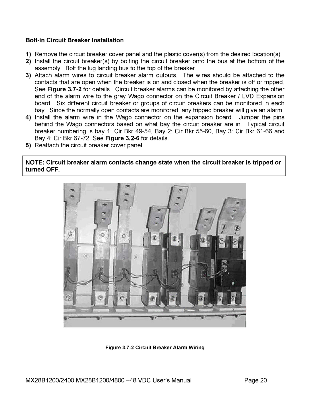 American Power Conversion MX28B2400, MX28B4800 manual Bolt-in Circuit Breaker Installation, Circuit Breaker Alarm Wiring 