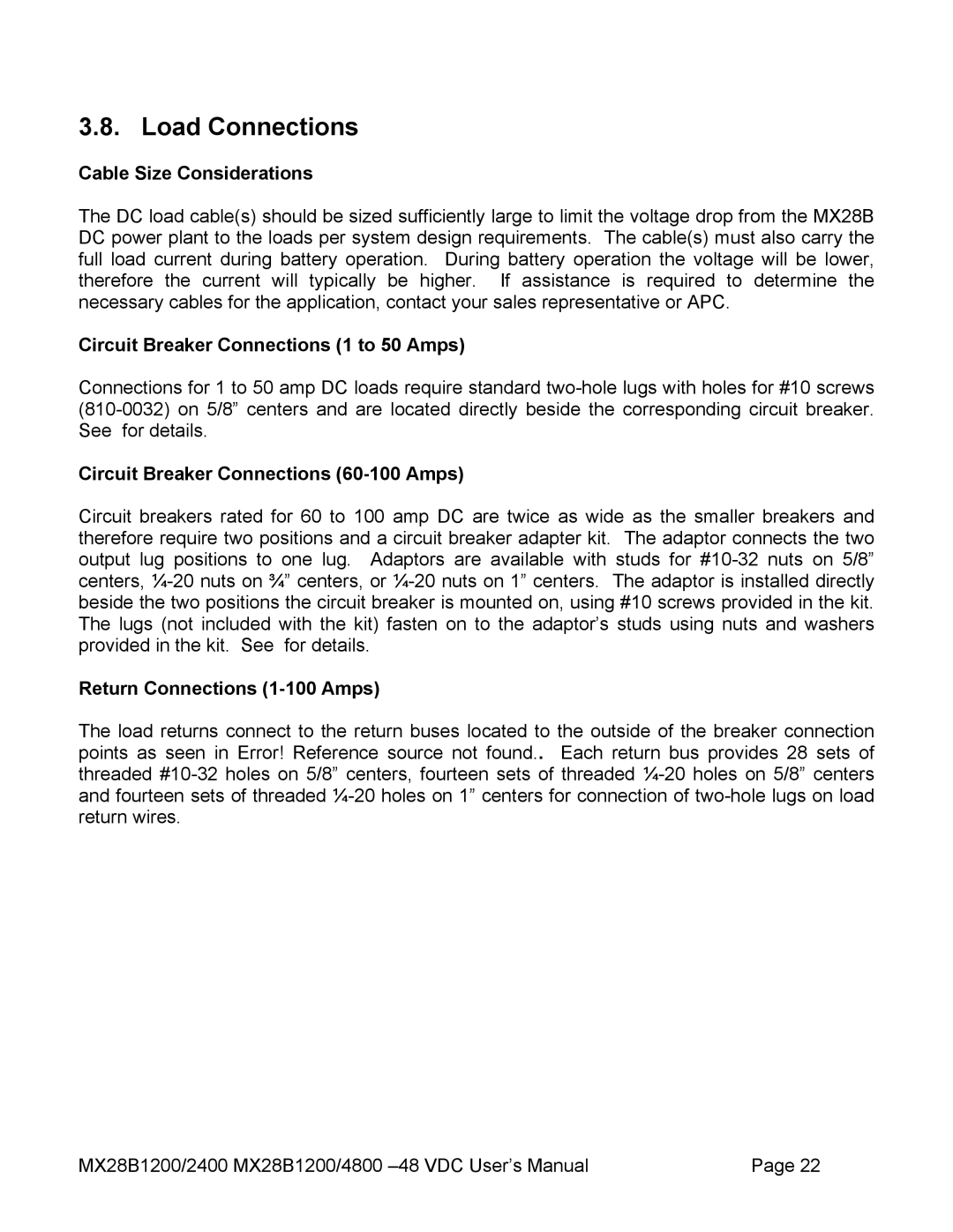 American Power Conversion MX28B2400 Load Connections, Cable Size Considerations, Circuit Breaker Connections 1 to 50 Amps 