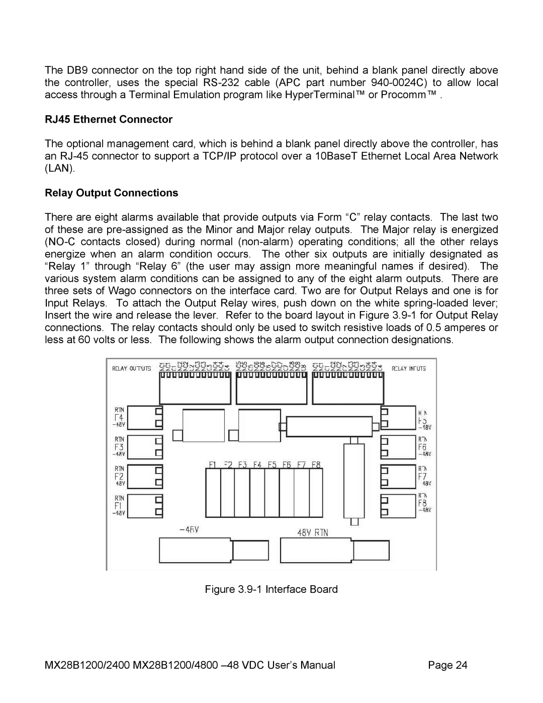 American Power Conversion MX28B2400, MX28B4800 manual RJ45 Ethernet Connector, Relay Output Connections 