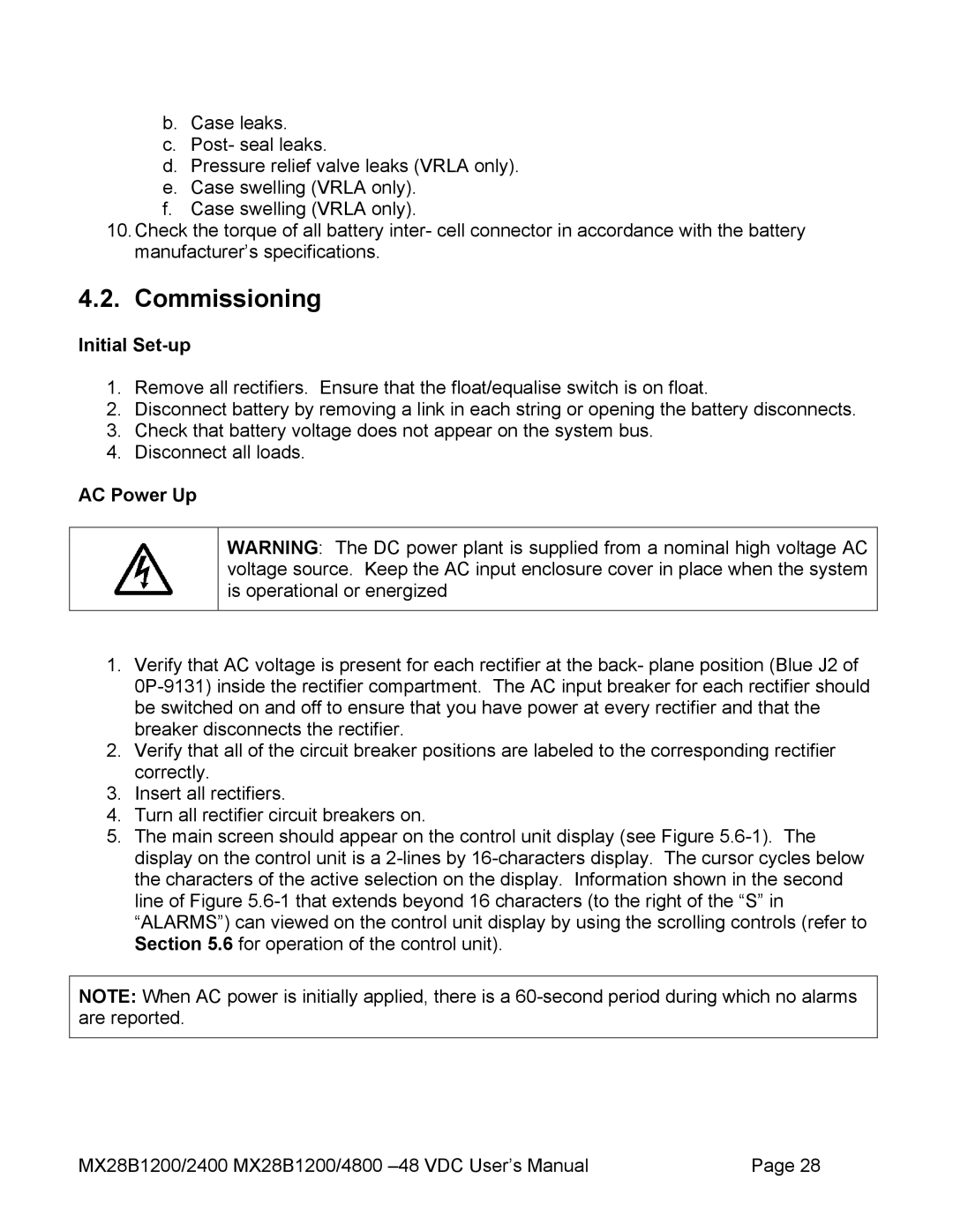 American Power Conversion MX28B2400, MX28B4800 manual Commissioning, Initial Set-up, AC Power Up 