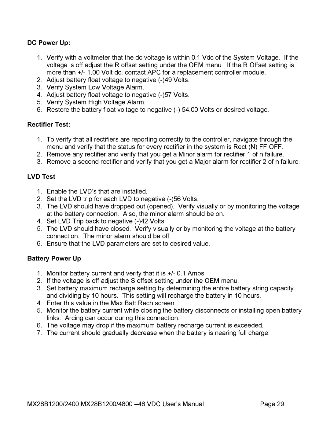 American Power Conversion MX28B4800, MX28B2400 manual DC Power Up, Rectifier Test, LVD Test, Battery Power Up 