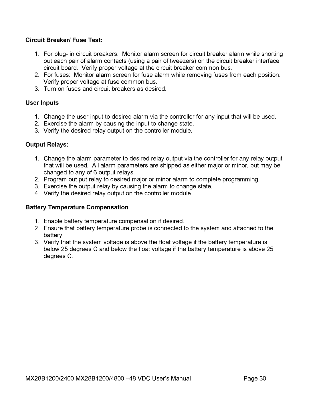 American Power Conversion MX28B2400, MX28B4800 manual Circuit Breaker/ Fuse Test, User Inputs, Output Relays 