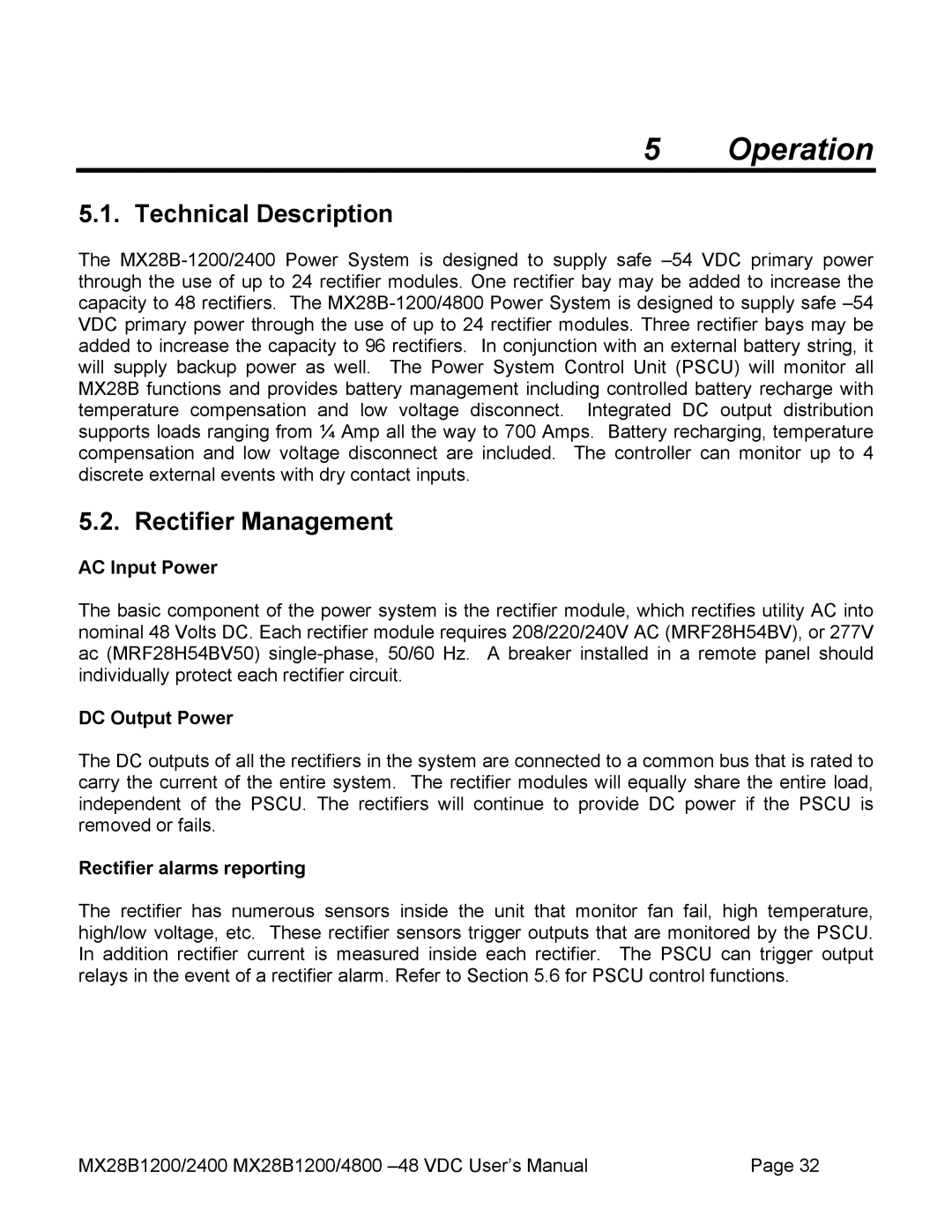 American Power Conversion MX28B2400, MX28B4800 manual Operation, Technical Description, Rectifier Management 