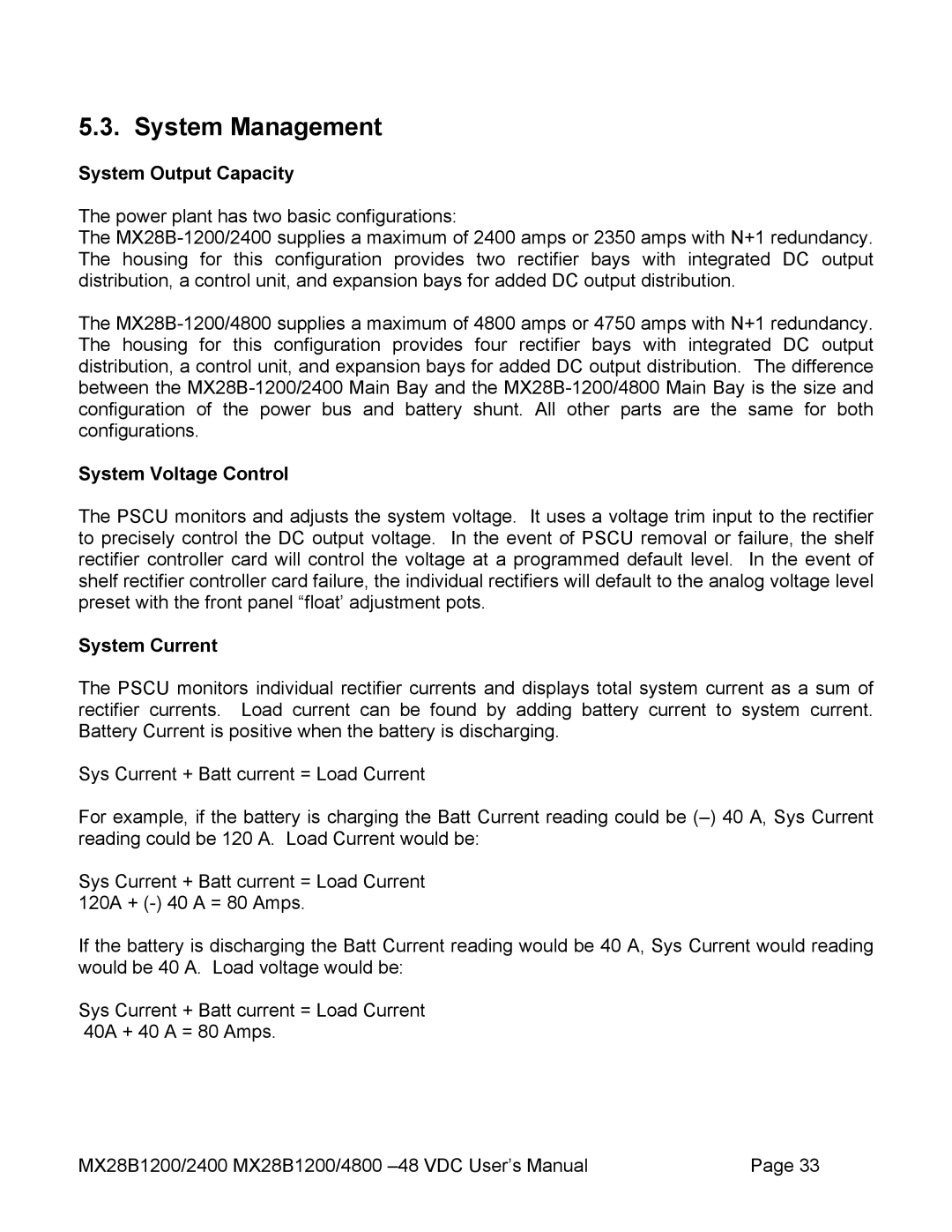 American Power Conversion MX28B4800 System Management, System Output Capacity, System Voltage Control, System Current 