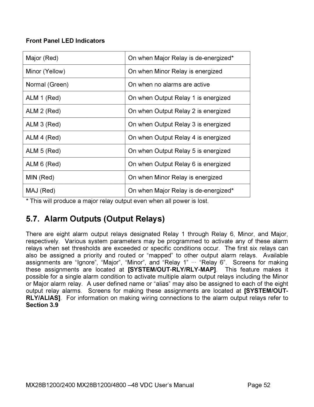 American Power Conversion MX28B2400, MX28B4800 manual Alarm Outputs Output Relays, Front Panel LED Indicators, Section 