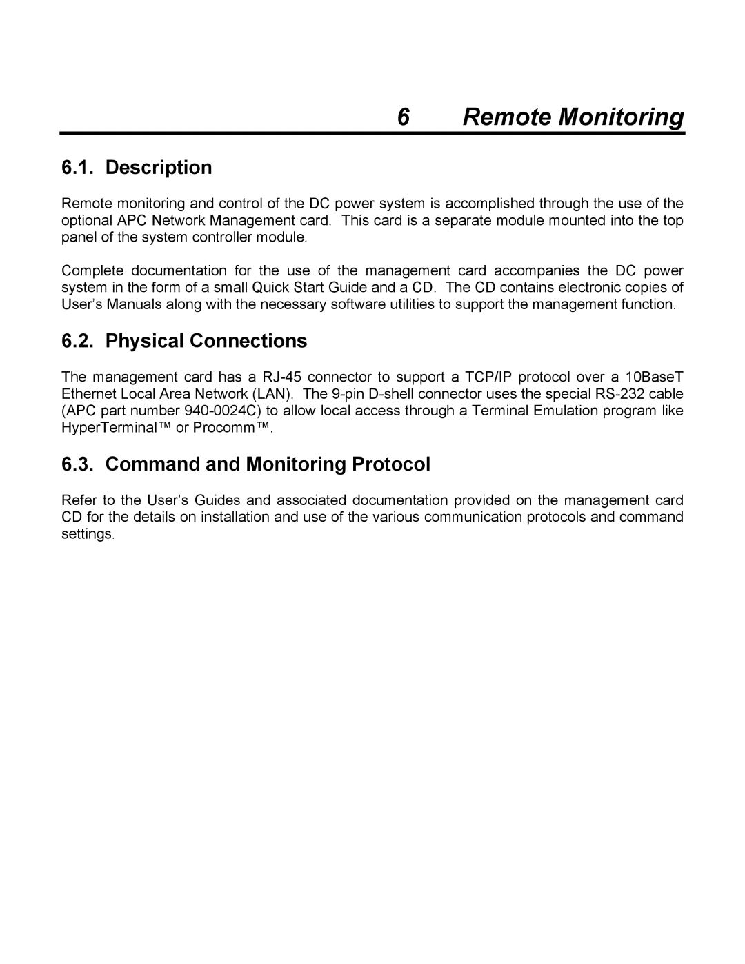 American Power Conversion MX28B2400 Remote Monitoring, Description, Physical Connections, Command and Monitoring Protocol 