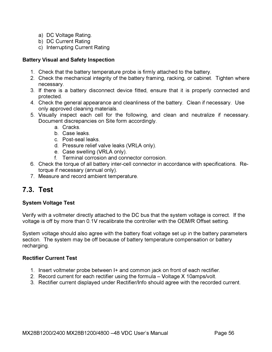 American Power Conversion MX28B2400, MX28B4800 manual System Voltage Test, Rectifier Current Test 