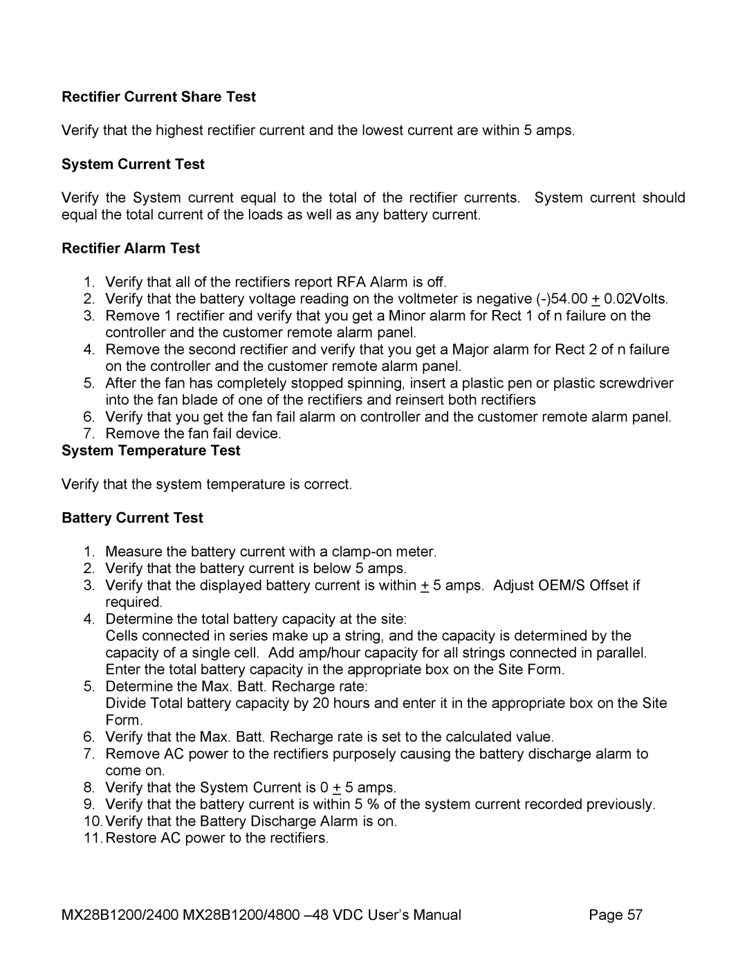 American Power Conversion MX28B4800, MX28B2400 Rectifier Current Share Test, System Current Test, Rectifier Alarm Test 