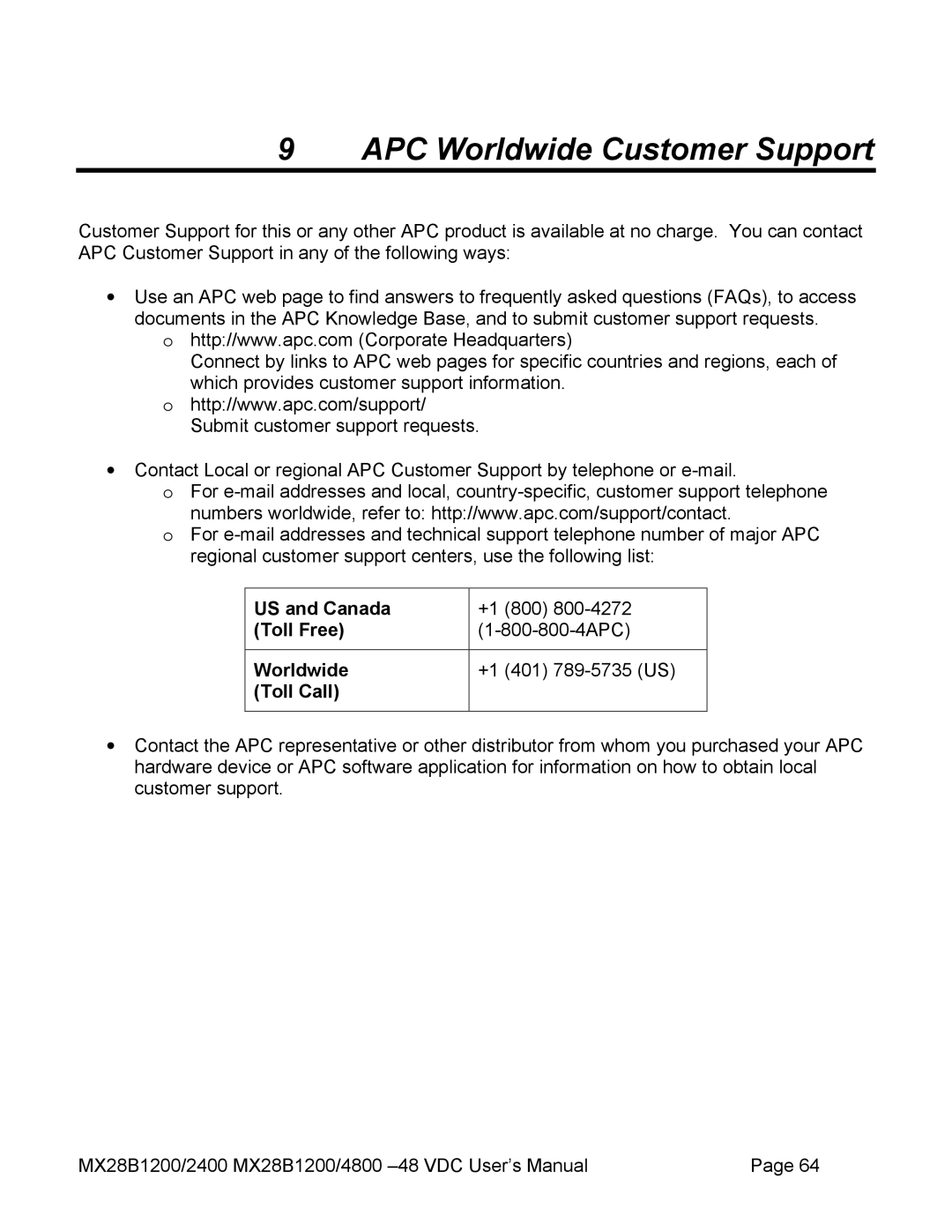 American Power Conversion MX28B2400, MX28B4800 manual APC Worldwide Customer Support, US and Canada, Toll Free, Toll Call 