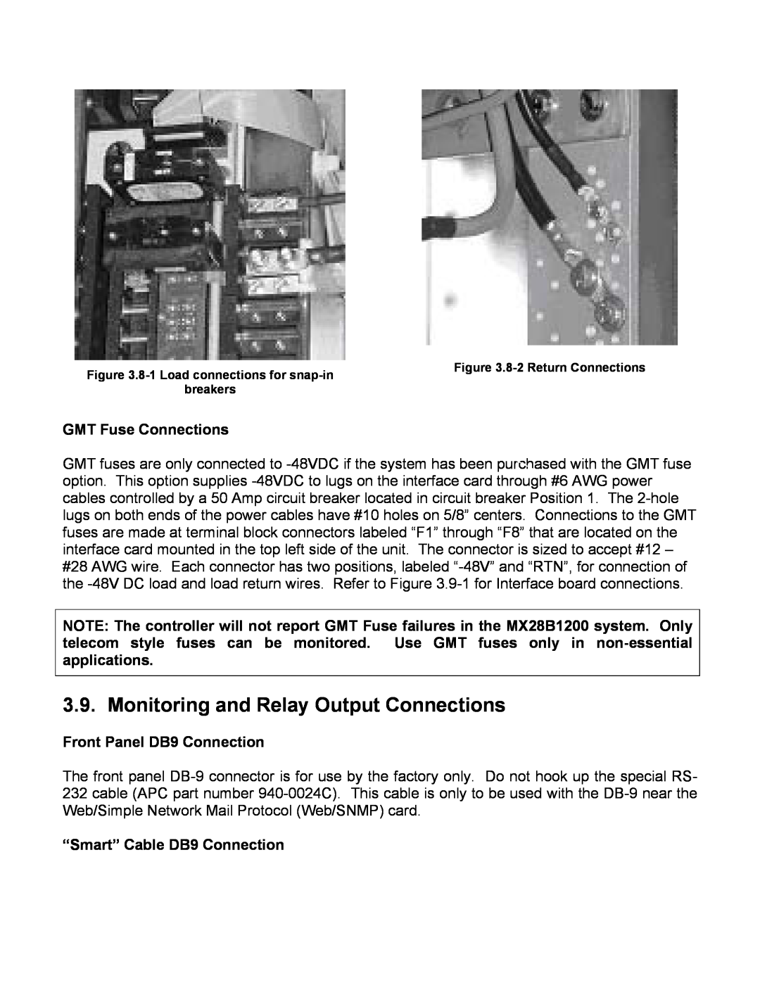 American Power Conversion MX28B4800 Monitoring and Relay Output Connections, GMT Fuse Connections, 8-2 Return Connections 