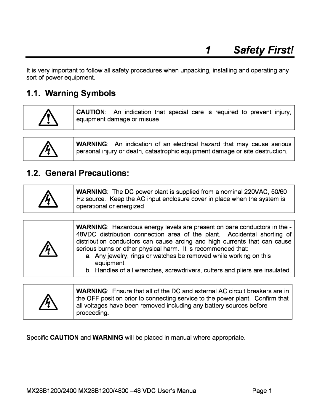 American Power Conversion MX28B4800, MX28B2400 manual Safety First, Warning Symbols, General Precautions 