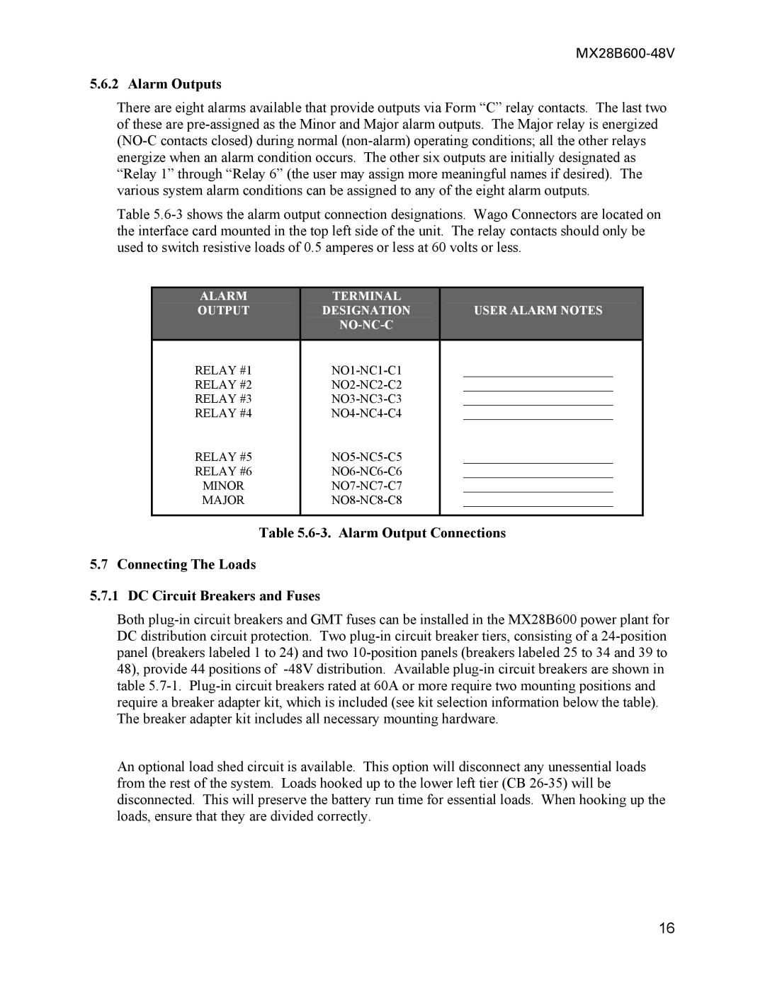 American Power Conversion MX28B600 manual Alarm Outputs, Alarm Terminal Output Designation User Alarm Notes NO-NC-C 
