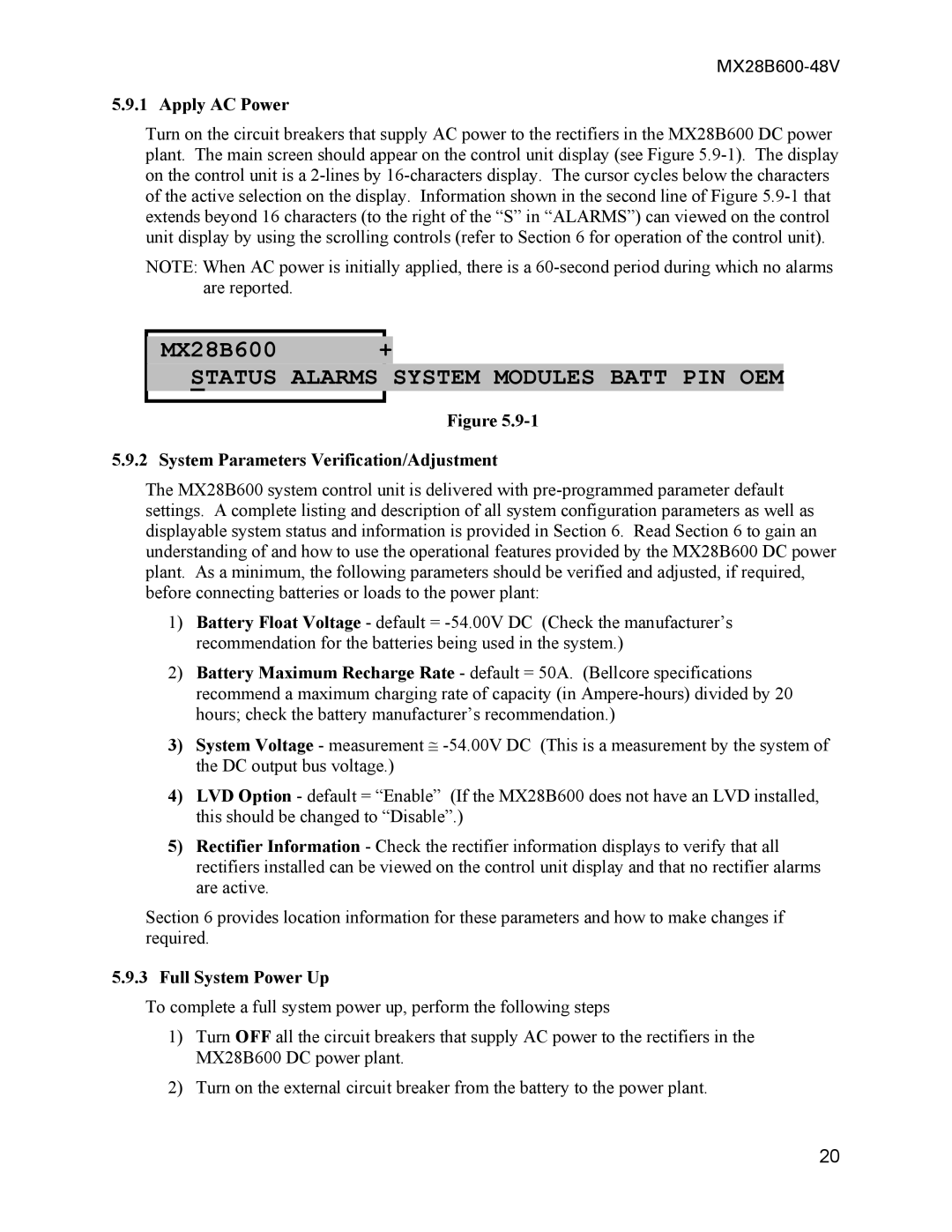 American Power Conversion MX28B600 manual Apply AC Power, System Parameters Verification/Adjustment, Full System Power Up 