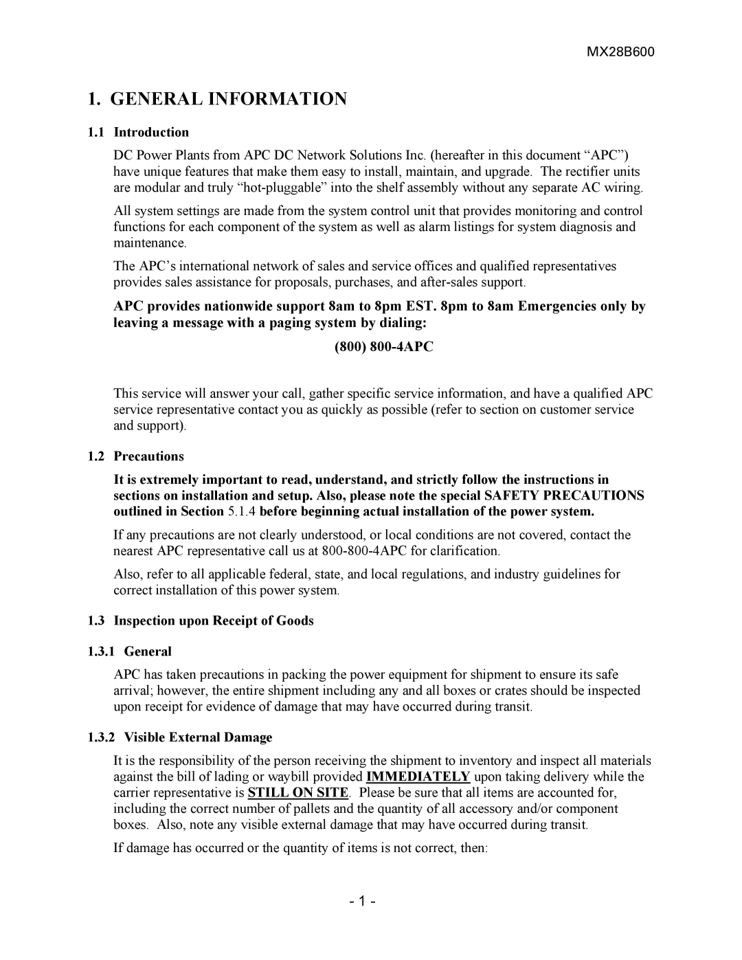 American Power Conversion MX28B600 manual General Information, Introduction, Inspection upon Receipt of Goods General 