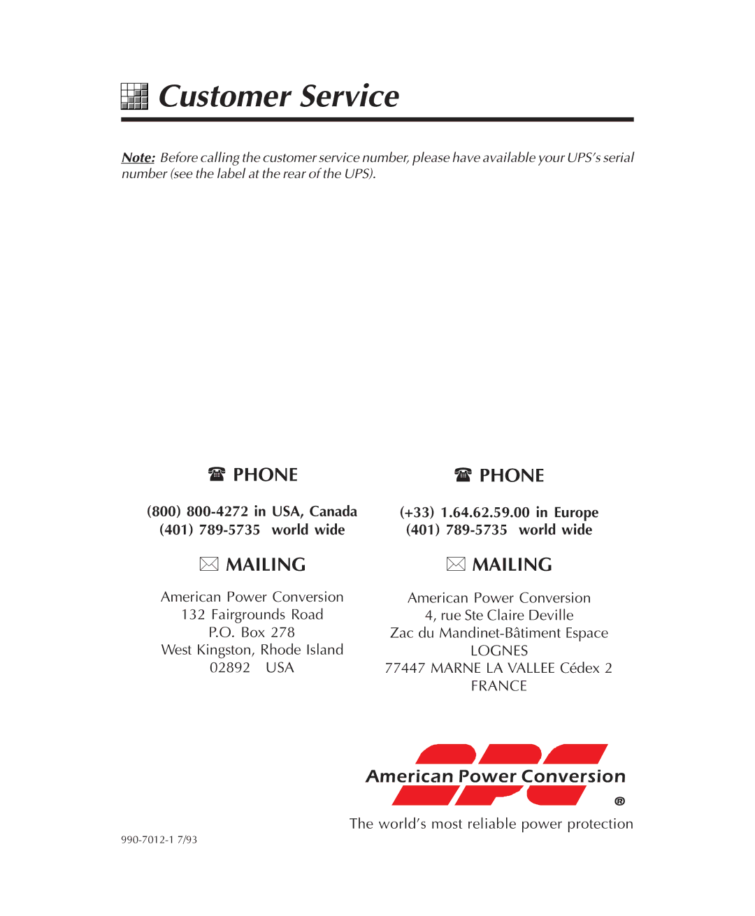 American Power Conversion MXA002, MXA001 user manual Customer Service, ∗ Mailing 