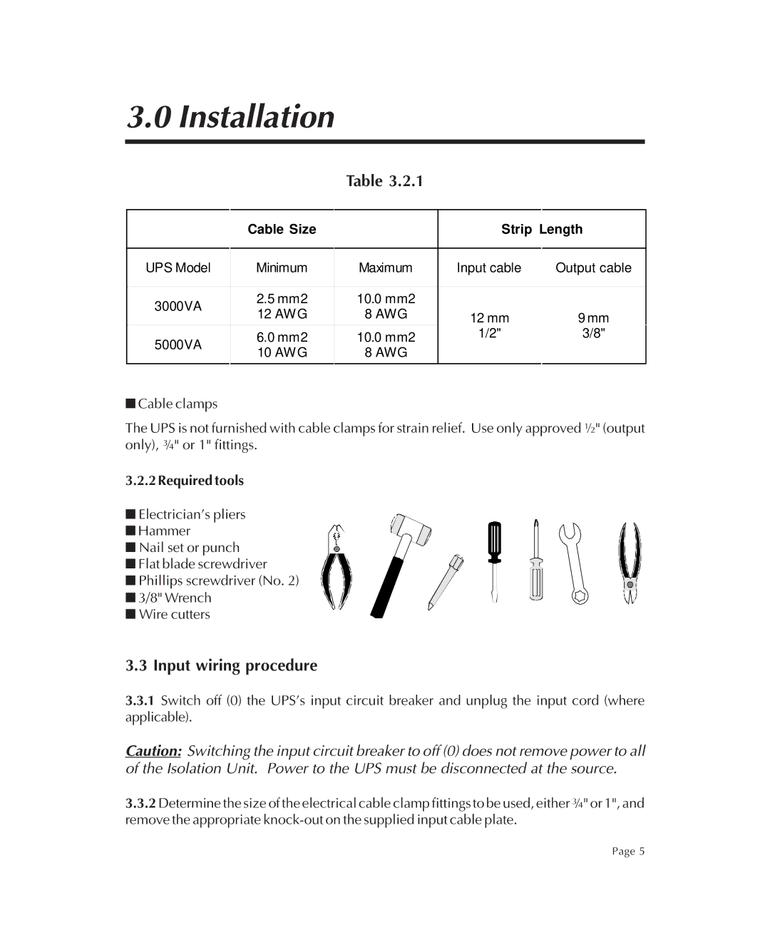 American Power Conversion MXA001, MXA002 user manual Input wiring procedure, Cable Size Strip Length 