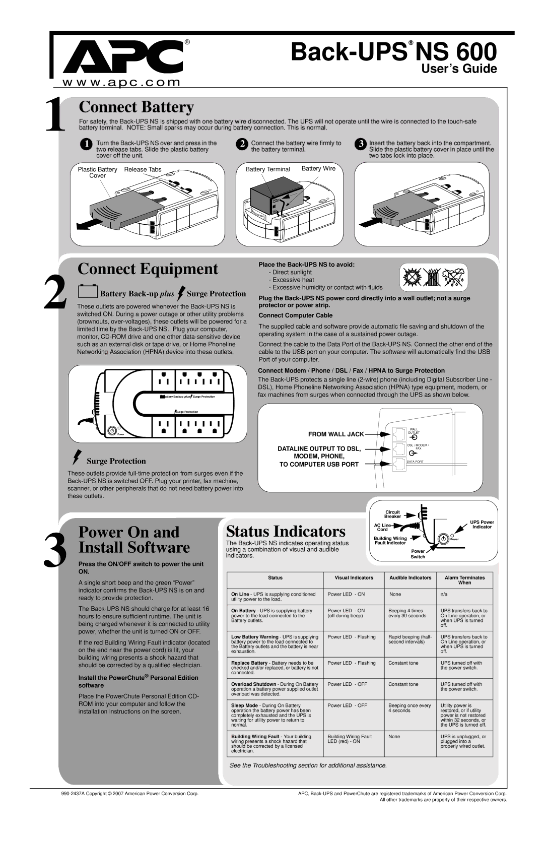 American Power Conversion NS 600 installation instructions Connect Battery, Connect Equipment, Status Indicators 