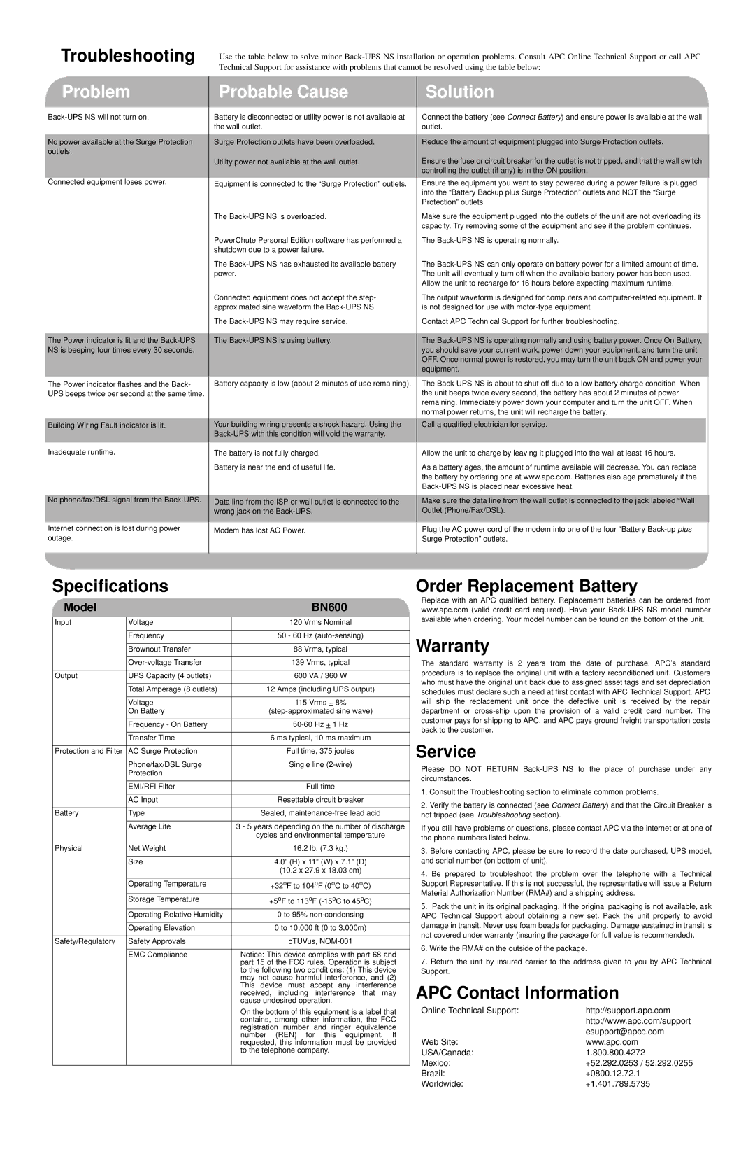 American Power Conversion NS 600 Troubleshooting, Specifications, Order Replacement Battery Warranty, Service 