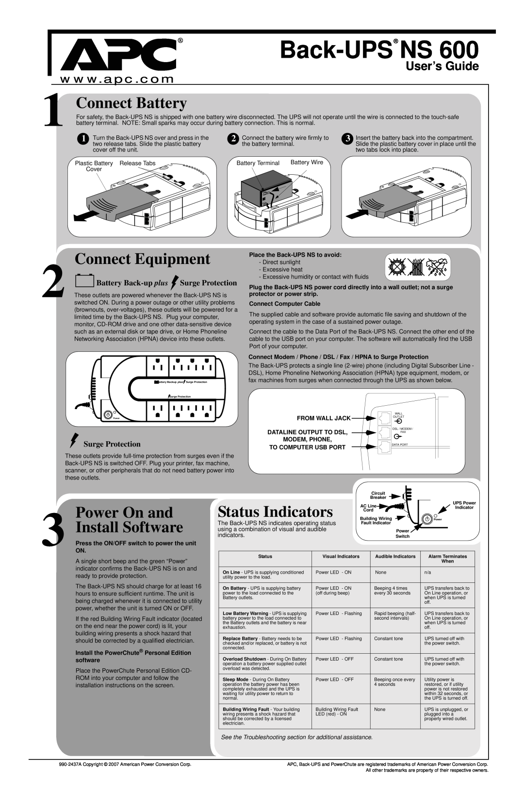 American Power Conversion NS 600 installation instructions User’s Guide, Back-UPS NS, Connect Battery, Connect Equipment 