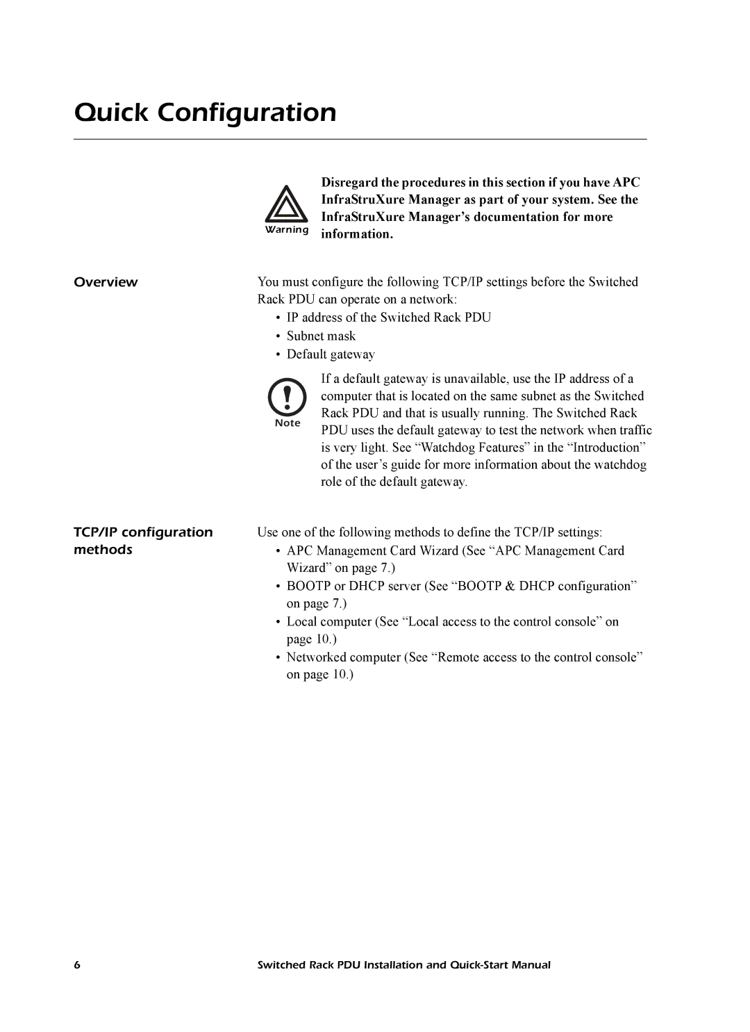 American Power Conversion P D U, AP8841 quick start manual Quick Configuration, Overview TCP/IP configuration methods 