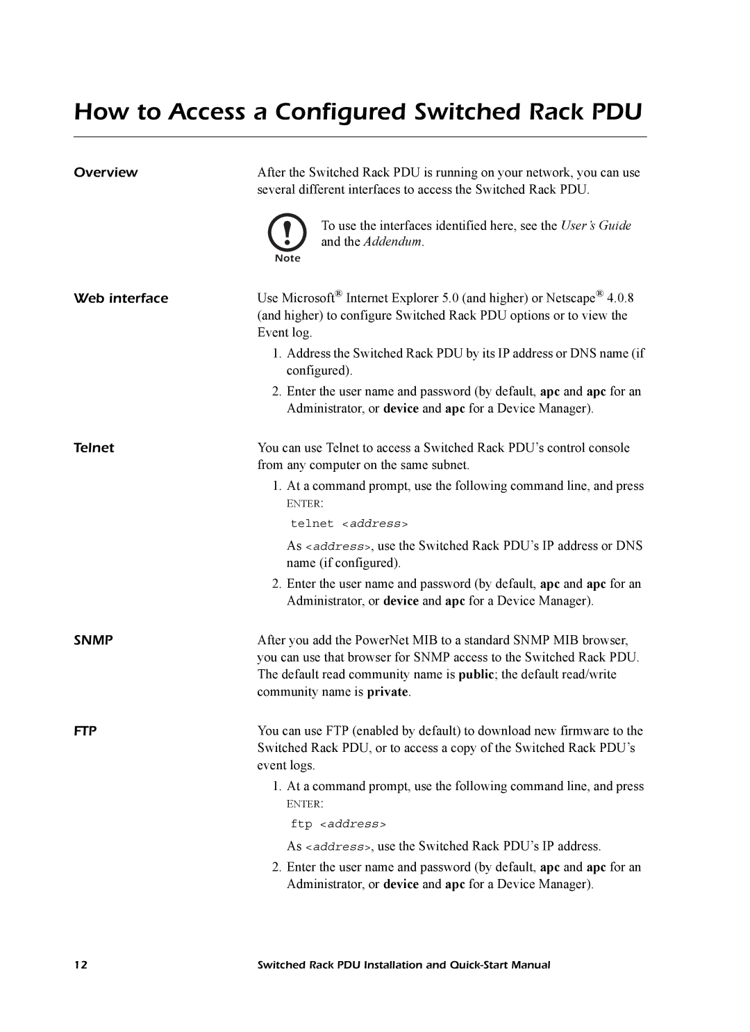 American Power Conversion P D U, AP8841 quick start manual Overview, Web interface, Telnet 