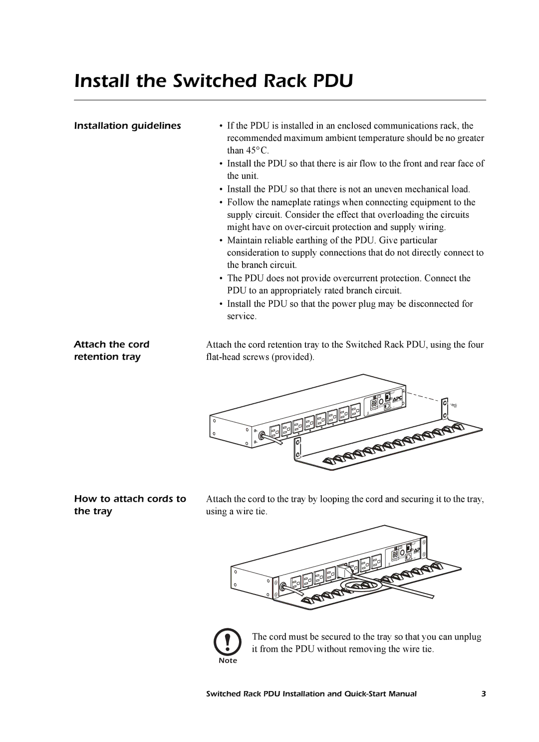 American Power Conversion AP8841 Install the Switched Rack PDU, Installation guidelines, Attach the cord, Retention tray 