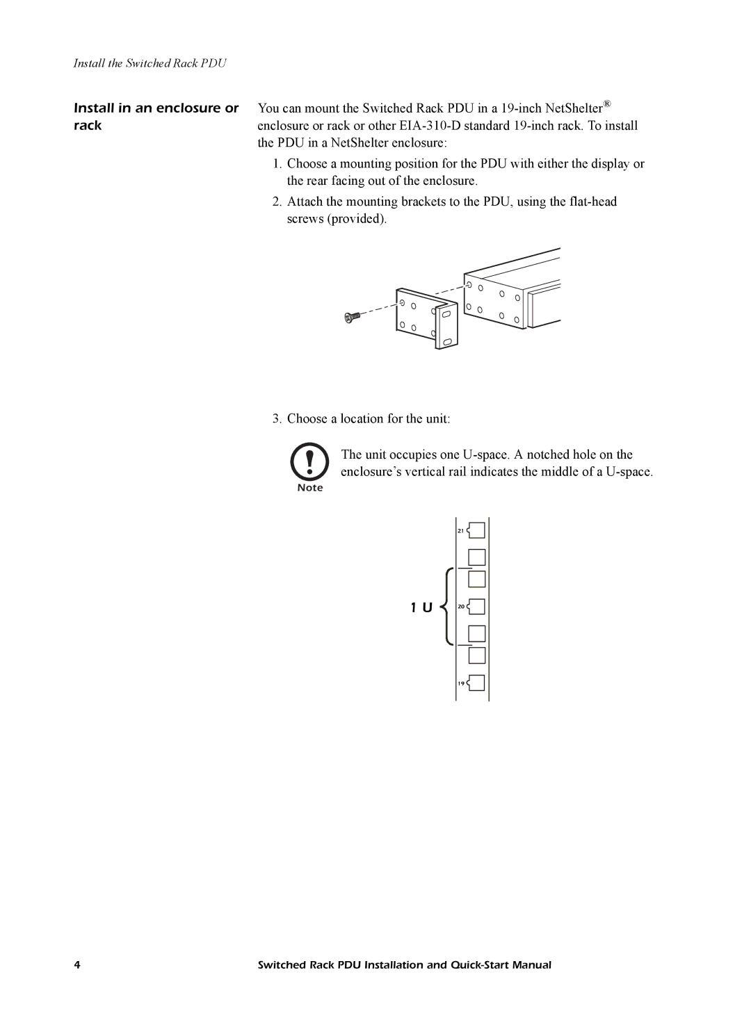 American Power Conversion P D U, AP8841 quick start manual Install the Switched Rack PDU 