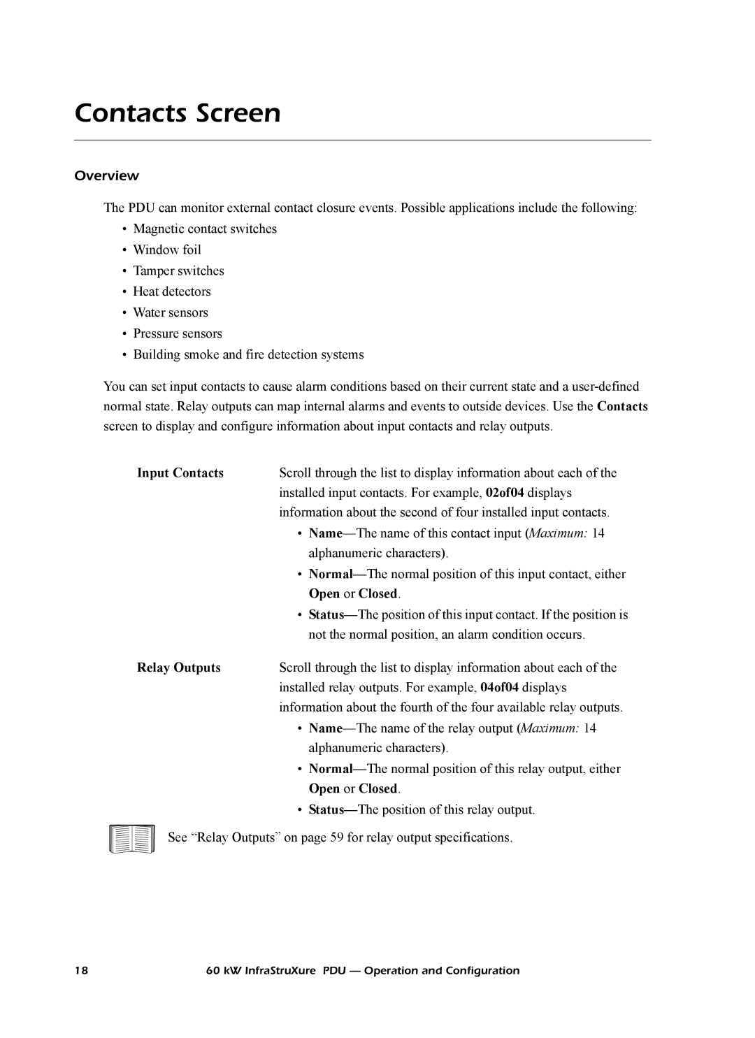 American Power Conversion PD60L6FK1, PD60G6FK1 Contacts Screen, Overview, Input Contacts, Open or Closed, Relay Outputs 