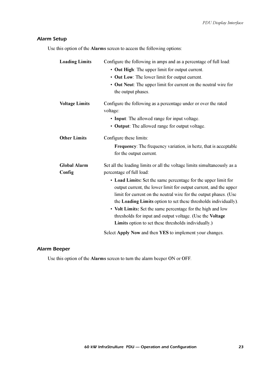 American Power Conversion PDRPPNX10, PD60G6FK1 manual Loading Limits, Voltage Limits, Other Limits, Global Alarm, Config 