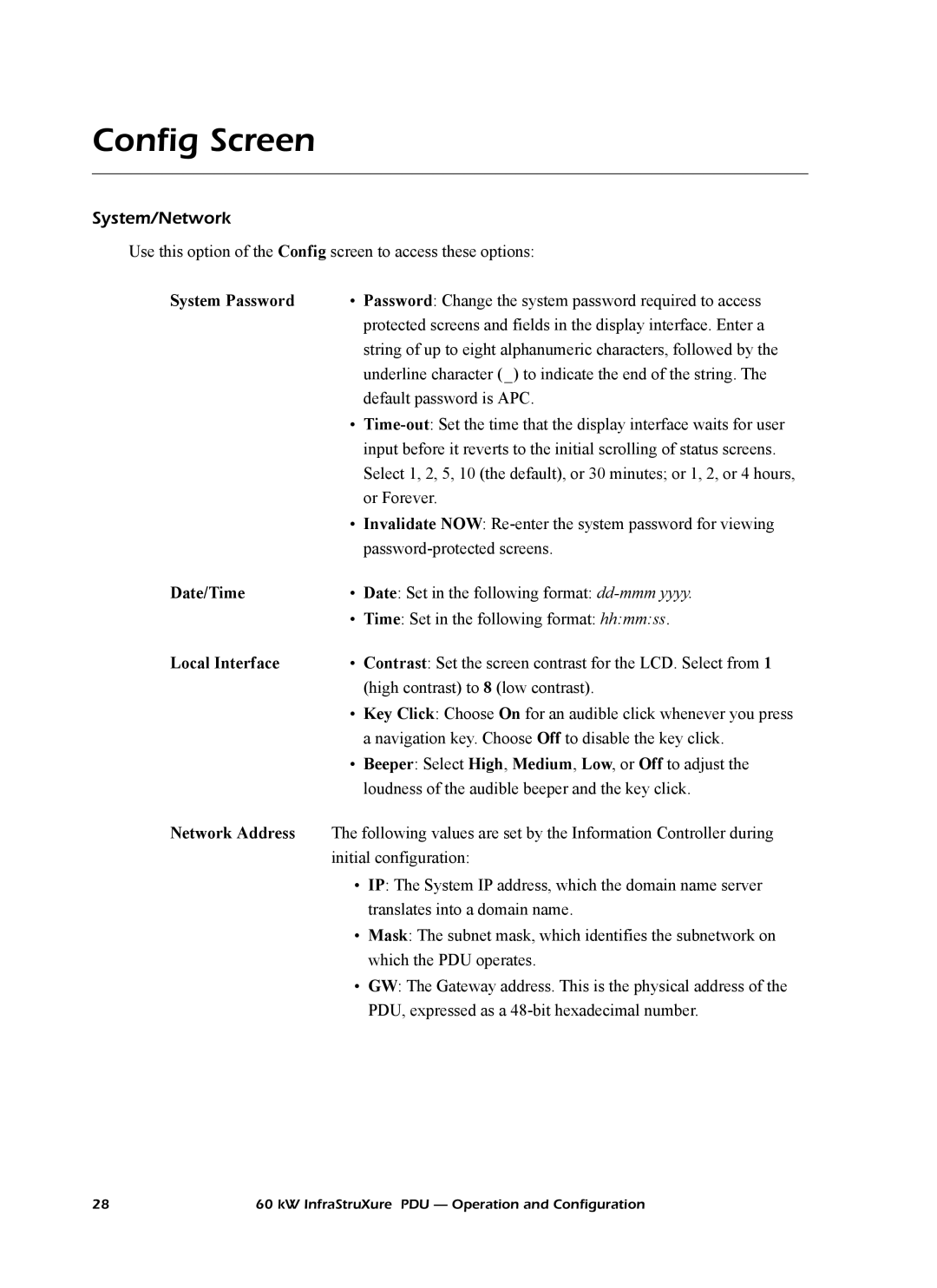 American Power Conversion PD60G6FK1, PD60F6FK1 Config Screen, System/Network, System Password, Date/Time, Local Interface 