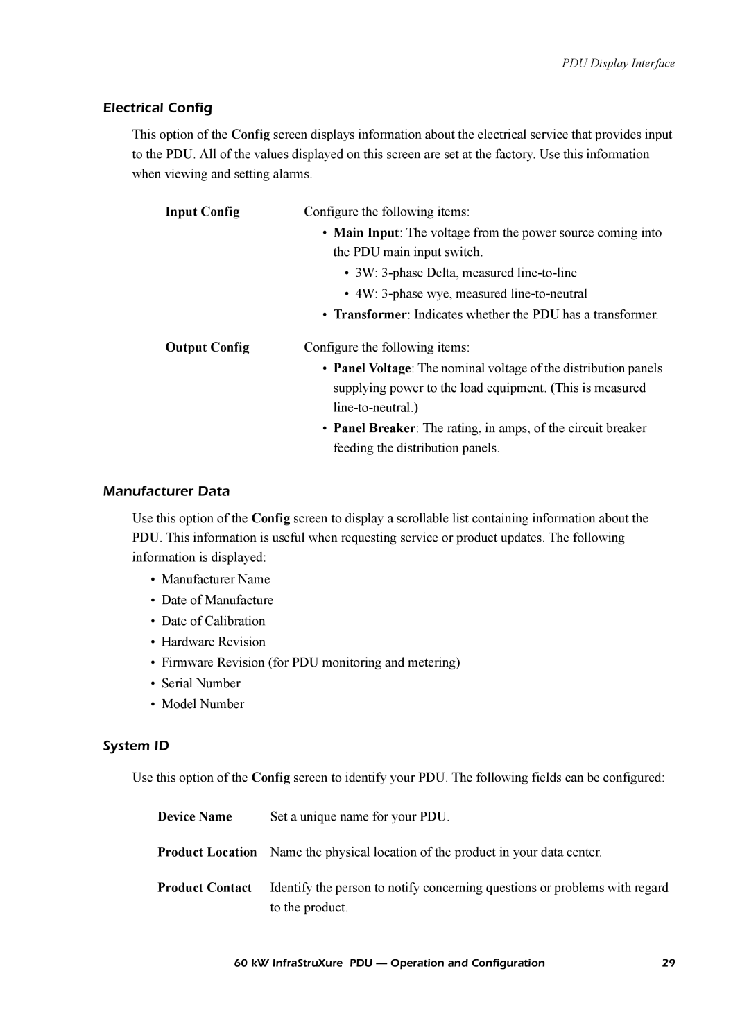 American Power Conversion PD60F6FK1 manual Electrical Config, Input Config, Output Config, Manufacturer Data, System ID 