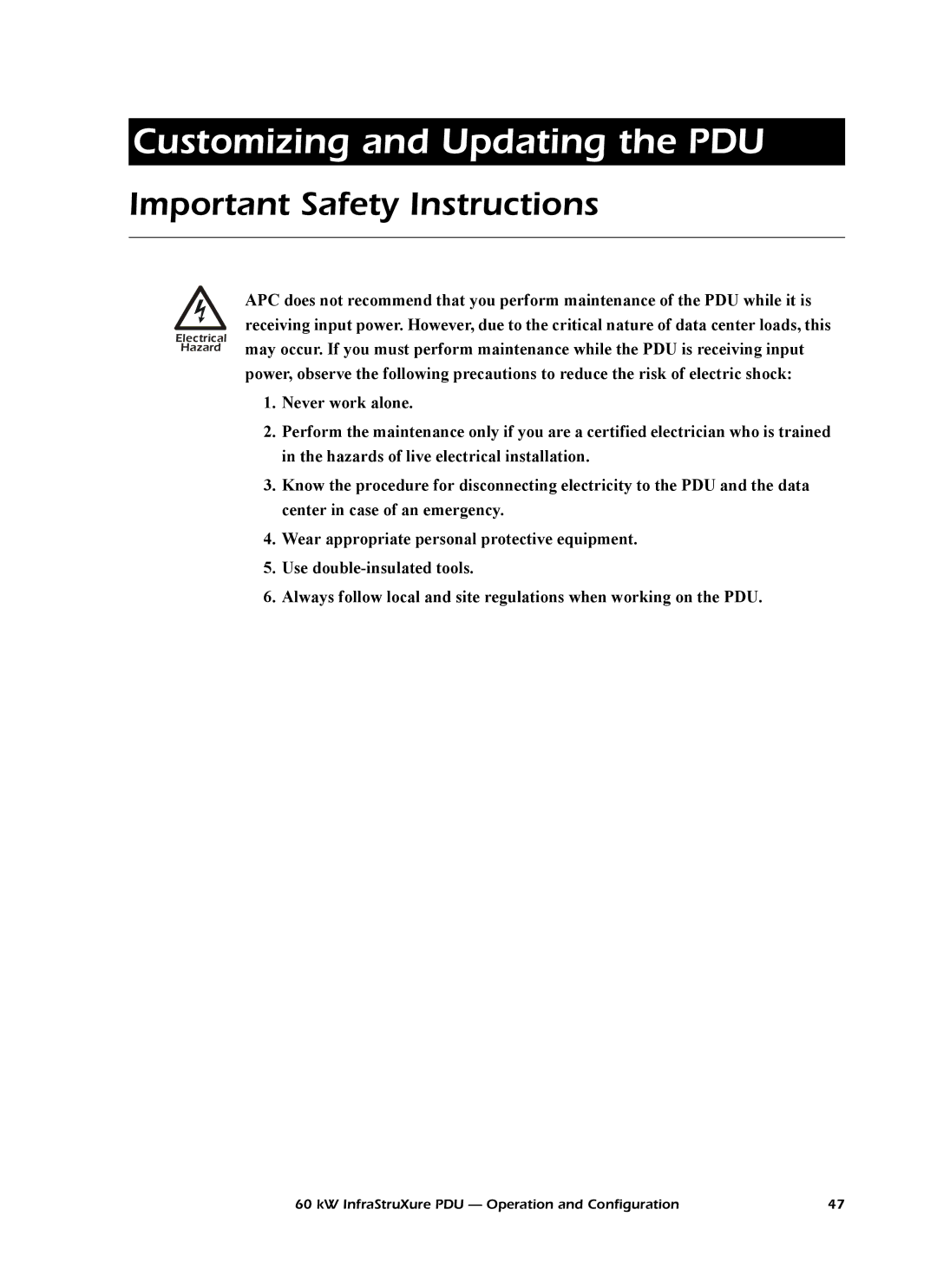American Power Conversion PDRPPNX10, PD60G6FK1, PD60F6FK1 Customizing and Updating the PDU, Important Safety Instructions 