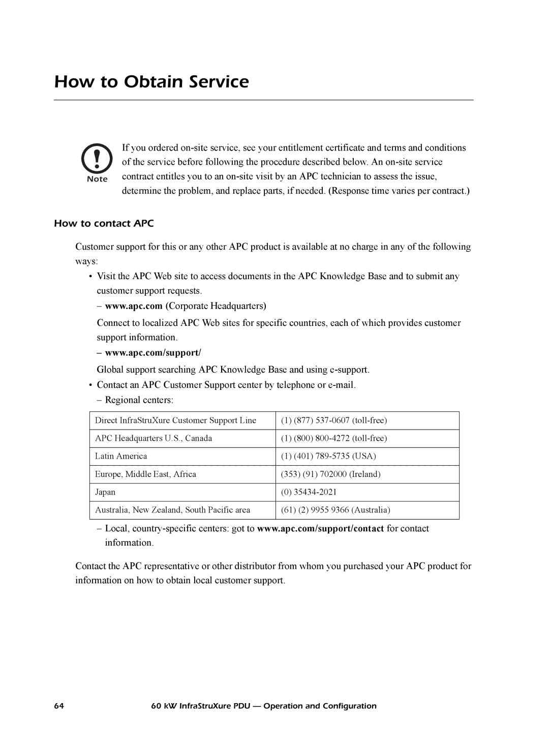 American Power Conversion PD60G6FK1, PD60F6FK1, PD60L6FK1, PDRPPNX10 manual How to Obtain Service, How to contact APC 