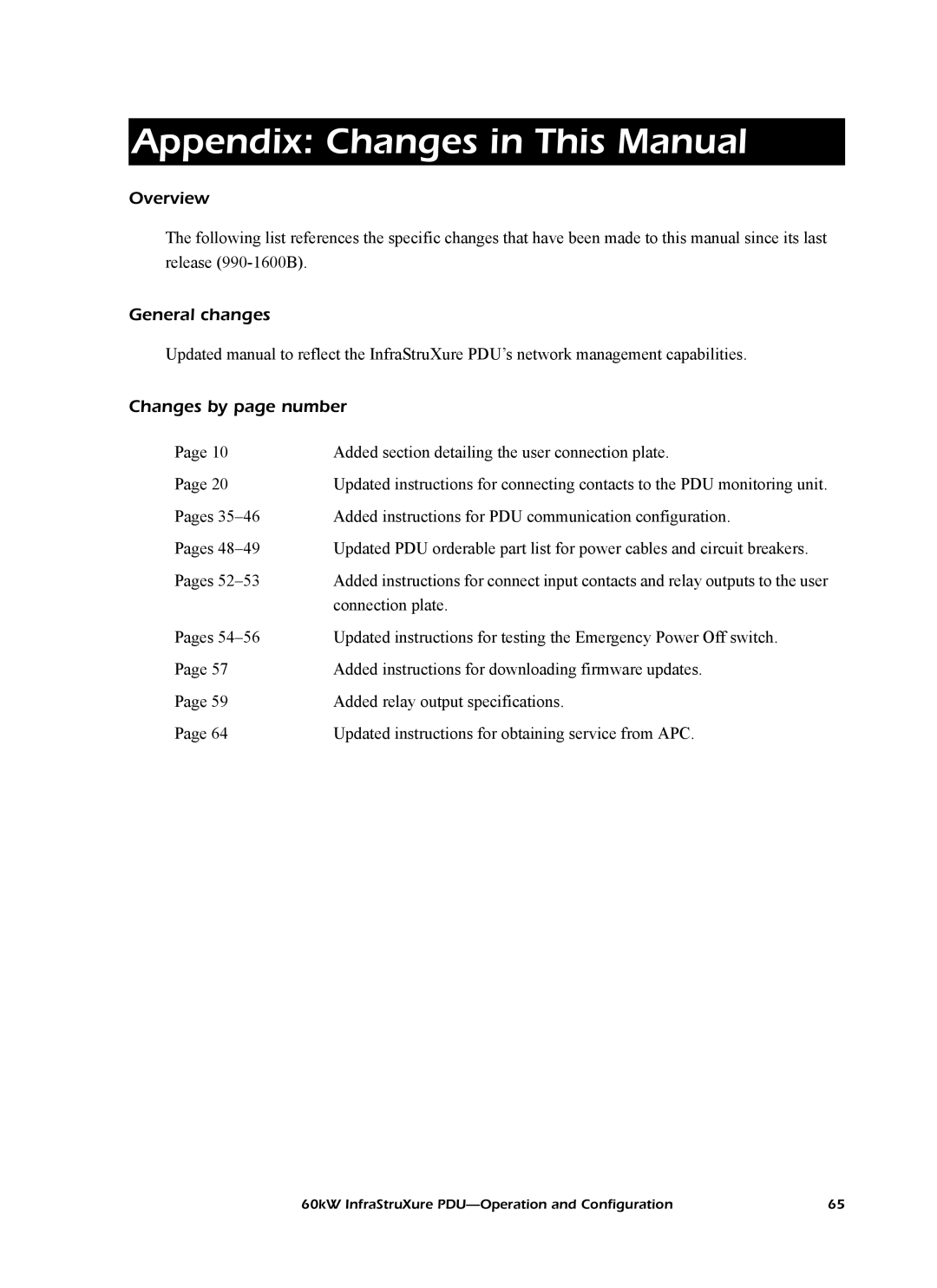 American Power Conversion PD60F6FK1, PD60G6FK1 Appendix Changes in This Manual, General changes, Changes by page number 