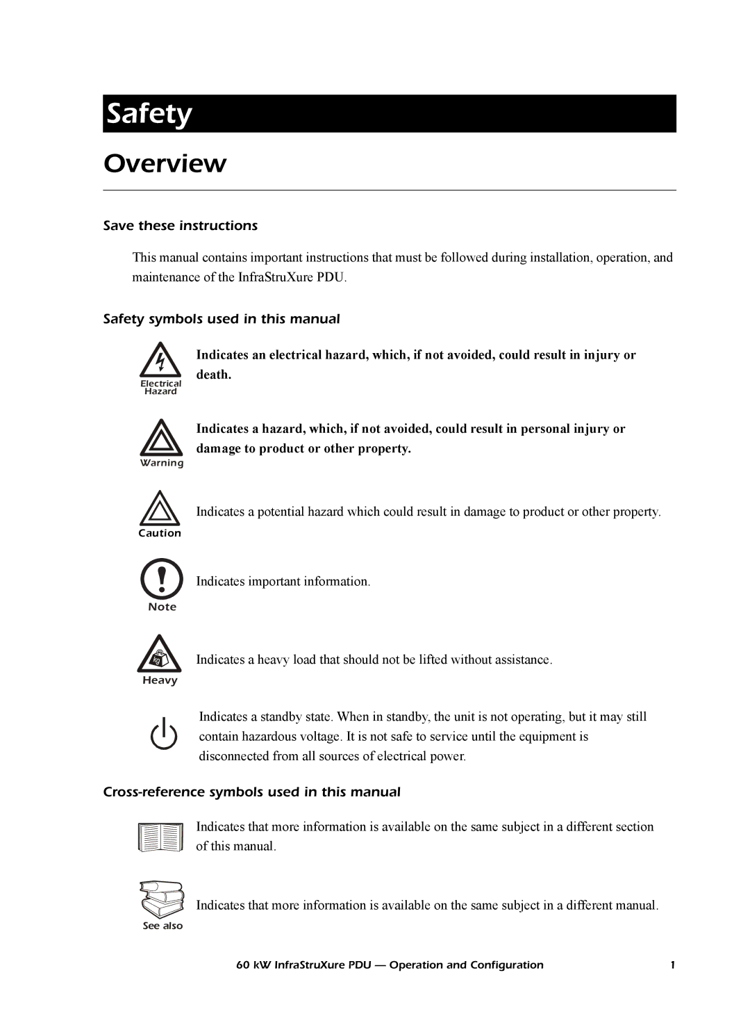 American Power Conversion PD60F6FK1, PD60G6FK1, PD60L6FK1, PDRPPNX10 Overview, Safety symbols used in this manual 